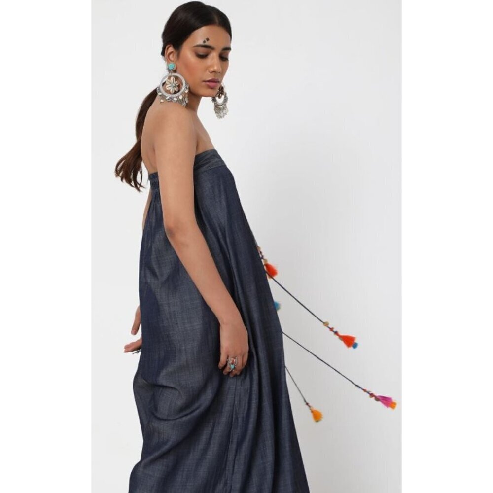 Style Junkiie Women's Blue Denim Tassel Jumpsuit Off the Shoulder Size 10 NWOT - Picture 3 of 16
